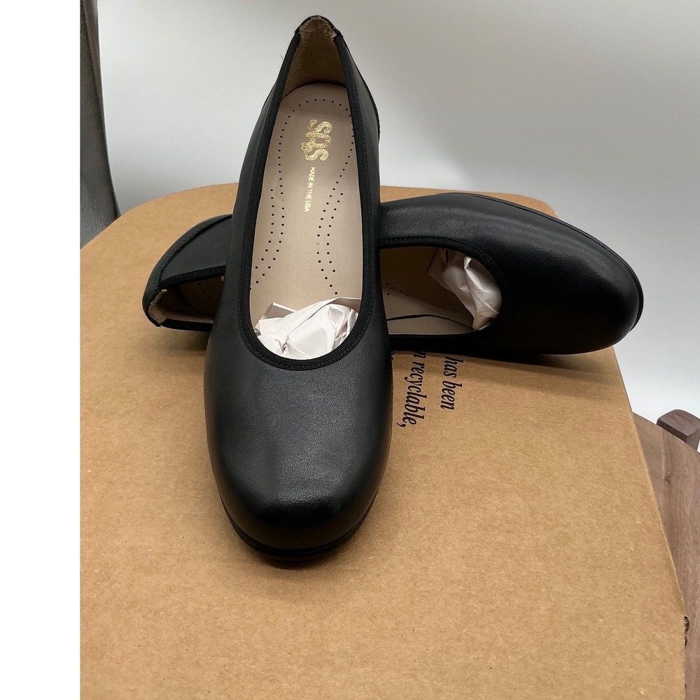 SAS Womens Black Leather Comfort Pumps Low Block Heel Made in USA Round Toe 7N - Picture 3 of 10